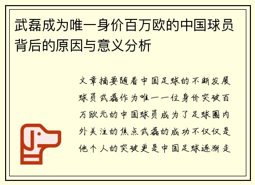 武磊成为唯一身价百万欧的中国球员背后的原因与意义分析