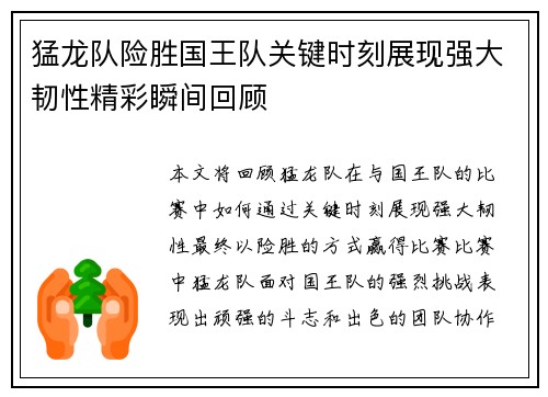 猛龙队险胜国王队关键时刻展现强大韧性精彩瞬间回顾