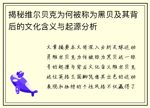 揭秘维尔贝克为何被称为黑贝及其背后的文化含义与起源分析