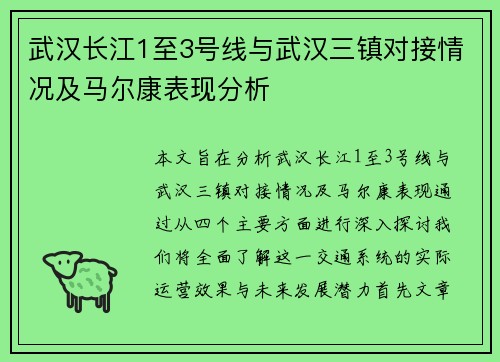 武汉长江1至3号线与武汉三镇对接情况及马尔康表现分析